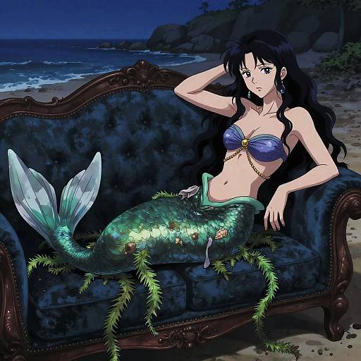 Digital anime-style drawing of a black-haired mermaid with a blue seashell bra, green scaled tail, and fin, reclining on a dark
