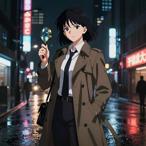 Anime-style illustration of a serious-looking young woman with short black hair, holding a magnifying glass, in a brown trench coat, white shirt, and