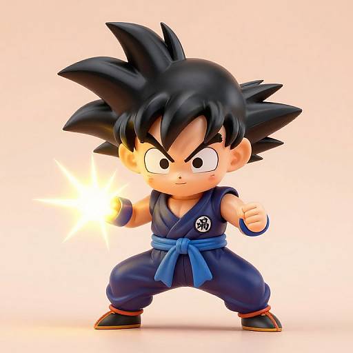 Digital 3D chibi-style drawing of Goku from Dragon Ball, with spiky black hair, blue martial arts outfit, and a glowing fist.