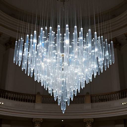 Photograph of a large, glowing, teardrop-shaped chandelier with numerous white LED lights, hanging from a dark, curved, ornate ceiling