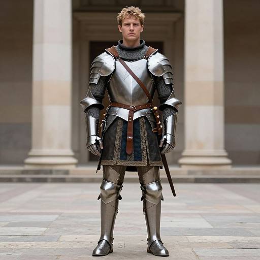 Photograph of a blond, Caucasian man in medieval silver armor with a brown belt, standing in a stone courtyard with tall columns.