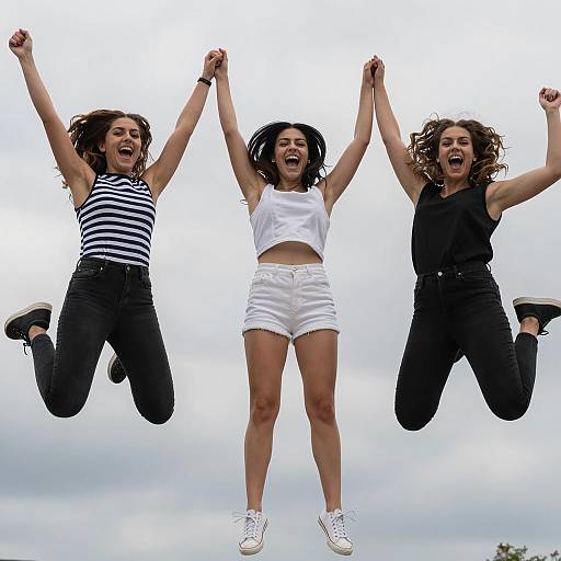 Dynamic Trio of Jumping Women