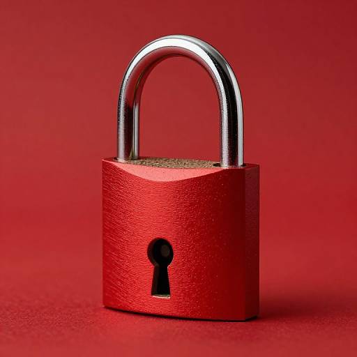 Photograph of a bright red, textured padlock with a keyhole and shiny metal shackle, centered against a solid red background.