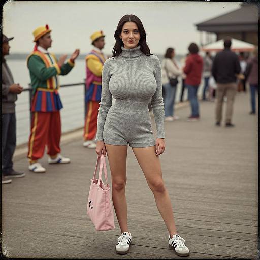 Photograph of a confident woman with large breasts in a gray turtleneck bodysuit, white sneakers, and pink bag, standing on a pier