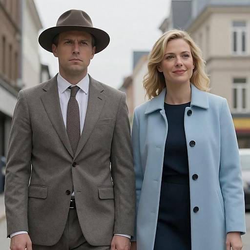 Photograph of a serious man in a gray suit and fedora, standing beside a smiling woman in a light blue coat and black dress, in an