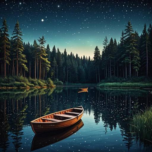 Wooden Boat on Tranquil Forest Pond at Twilight