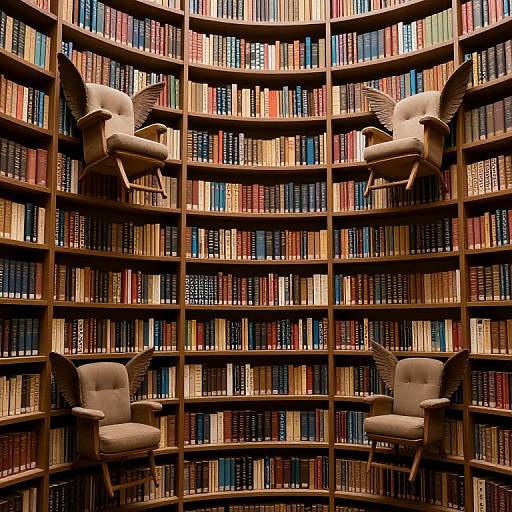 Photograph of four beige wingback chairs, suspended mid-air, arranged in a circular pattern within a towering, curved bookshelf filled with colorful books.