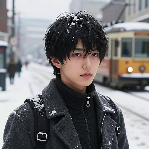 Cinematic Snowy Tram on Quiet Street