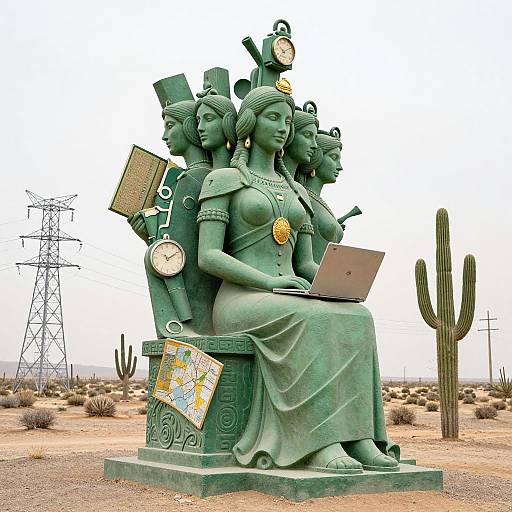 Bronze statue of multi-headed woman with ancient attire, holding clock, laptop, book, and map, set in desert landscape.