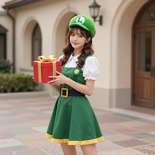 Young Woman in Luigi-Inspired Costume Holding Gift Box