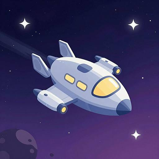 Cartoon-style digital drawing of a white, yellow-lit spaceship flying through a starry, purple night sky with a small, dark planet below.