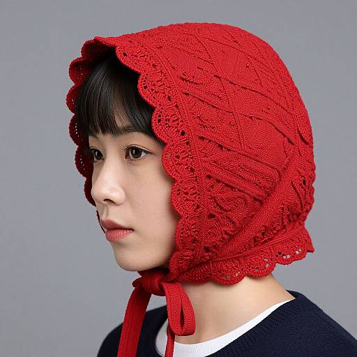 Photograph of an East Asian woman with fair skin wearing a bright red, intricately knitted, hooded hat, against a plain gray background.