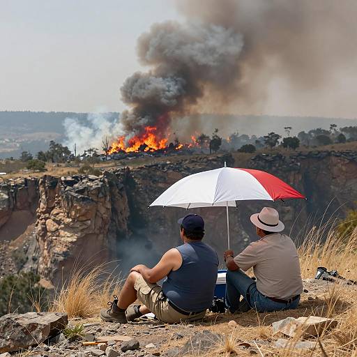 Men Observing Wildfire Under Umbrella