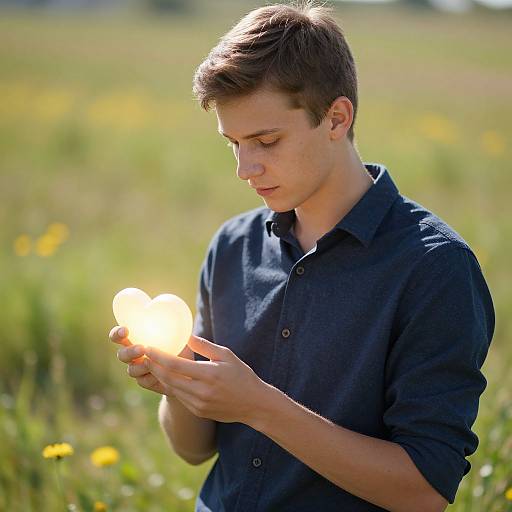 Young man with short brown hair, wearing a dark blue button-up shirt, holds a glowing orb in a sunlit meadow.