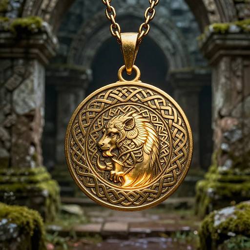 Photograph of an ornate, golden pendant with a lion in Celtic knotwork, hanging in an ancient, moss-covered stone archway.