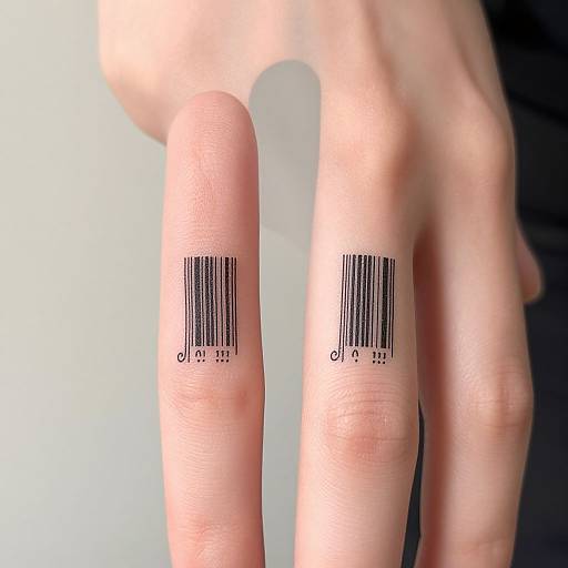 Photograph of two fingers with black barcode tattoos on the pads, positioned against a blurry white and black background.