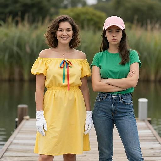Two Women Standing on Wooden Dock by Lake