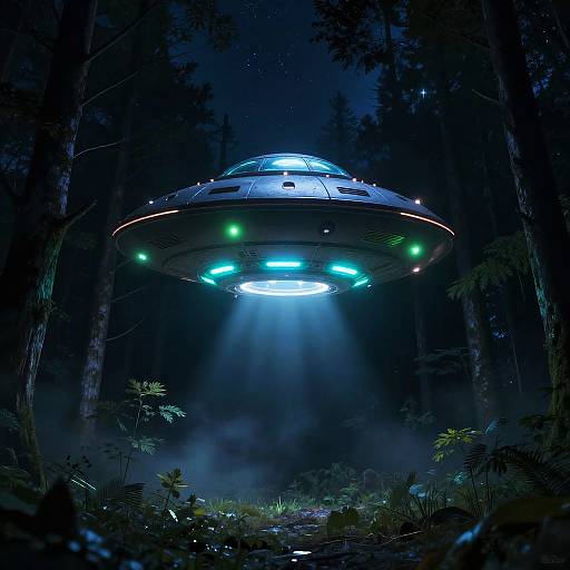 Cigar-Shaped UFO Over Dark Forest