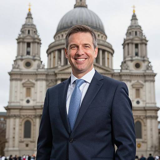 Photograph of a smiling middle-aged man in a dark blue suit and blue tie, standing in front of St. Paul's Cathedral.