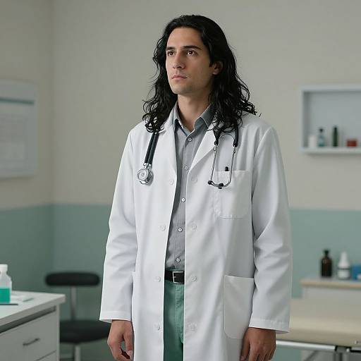 Photograph of a serious male doctor with long black hair, wearing a white lab coat, stethoscope around neck, in a clinical room.