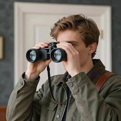Young Man Using Vintage Binoculars Indoors