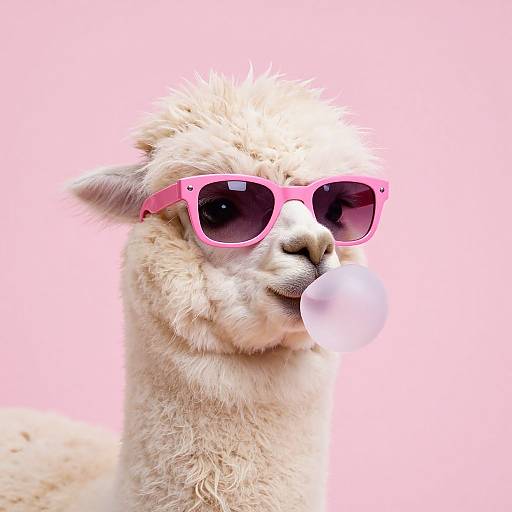 Photograph of a fluffy white alpaca blowing bubble gum, wearing pink sunglasses against a bright pink background.
