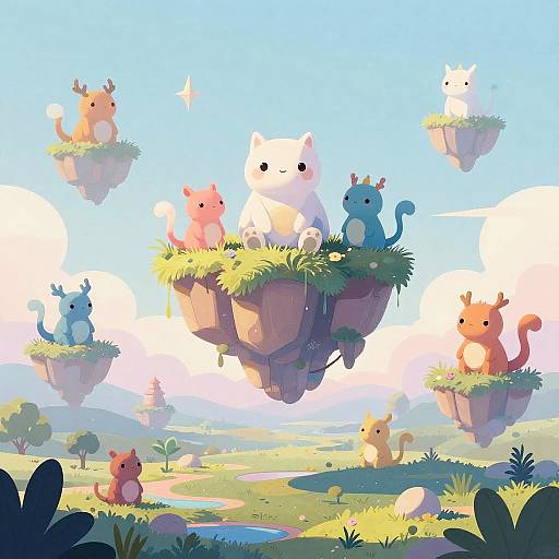 Digital illustration of cute, cartoon-style floating cat-like creatures on grassy islands, set in a vibrant, sunny, cloud-filled landscape.