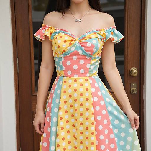 Photograph of a woman in a colorful, off-shoulder, polka dot dress with orange, yellow, blue, and pink panels, standing