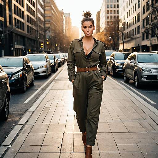 Woman in Khaki Utility Jumpsuit Walking on Urban Street