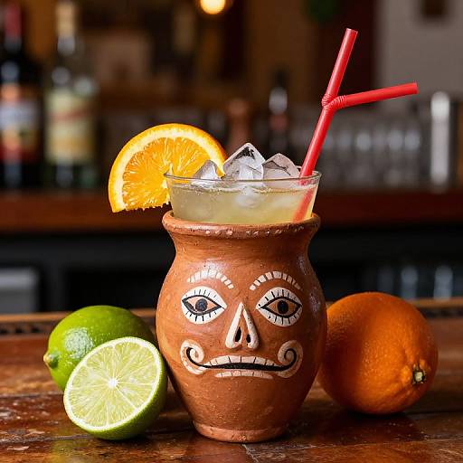 Photograph of a chocolate-colored ceramic mug with sugar skull face, filled with ice, orange slice, red straw, surrounded by lime, orange, and