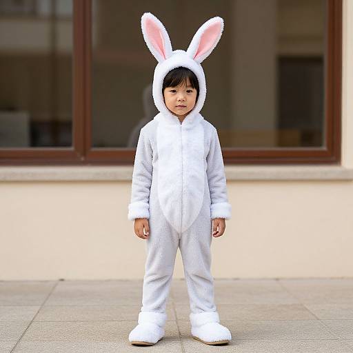 Photograph of an Asian toddler in a white bunny onesie with pink ears, standing on a tiled sidewalk in front of a window.