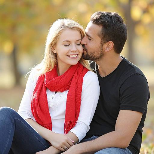 Photograph of a smiling blonde woman in a white shirt and red scarf, sitting with a bearded man in a black shirt, kissing her forehead in