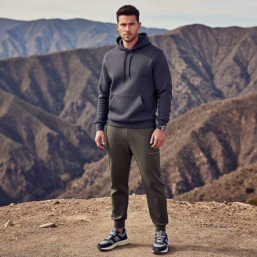 Photograph of a muscular man with short dark hair, stubble, wearing a dark grey hoodie, olive green pants, and black sneakers, standing on