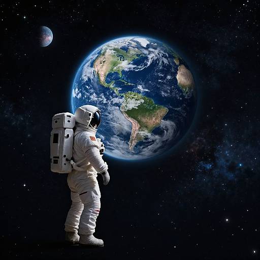 Photograph of an astronaut in a white spacesuit with a backpack, gazing at a vividly detailed Earth from outer space.