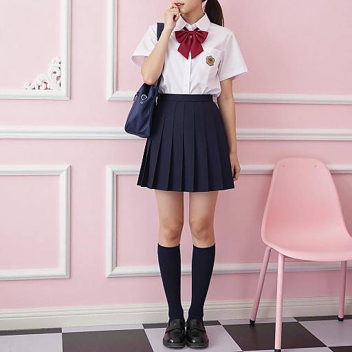 School Uniformed Asian Girl in Pink Room