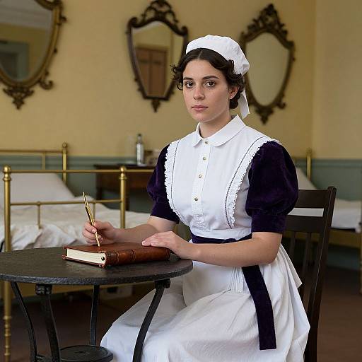 Photorealistic digital art of a young woman in a black and white Victorian maid uniform, sitting at a table in a vintage bedroom, holding a qu