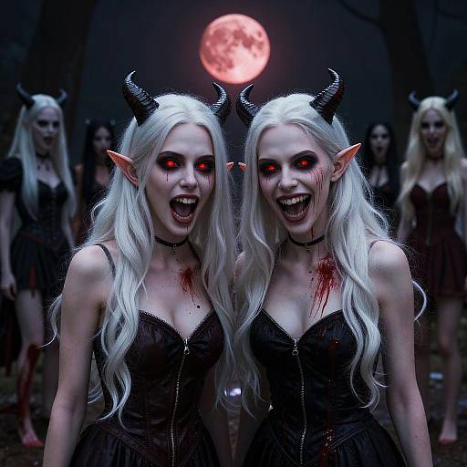 Photograph-style CGI of two pale, white-haired, red-eyed demon women with black horns and bloodstained black dresses, under a full red moon