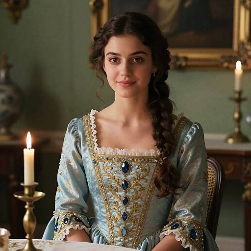 Photograph of a young woman with long, dark braided hair, wearing a blue, ornate, medieval-style dress with gold and blue embroidery,