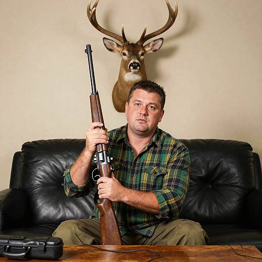 Man with Rifle in Cozy Room