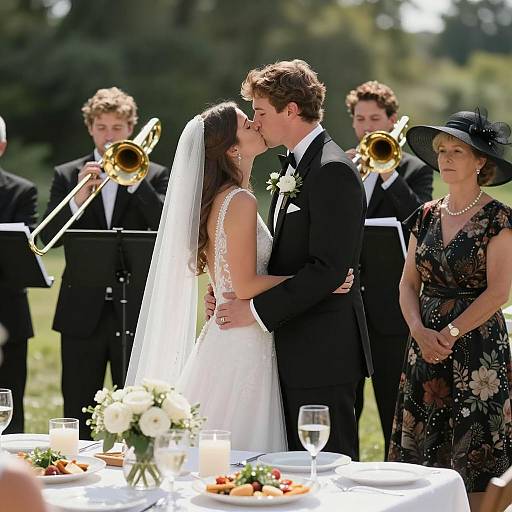 Bride and Groom Kissing at Outdoor Wedding Ceremony