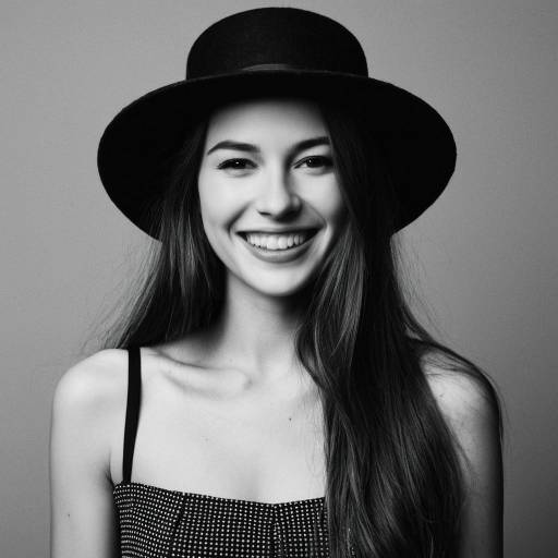 Smiling Woman in Black Hat Monochrome Portrait