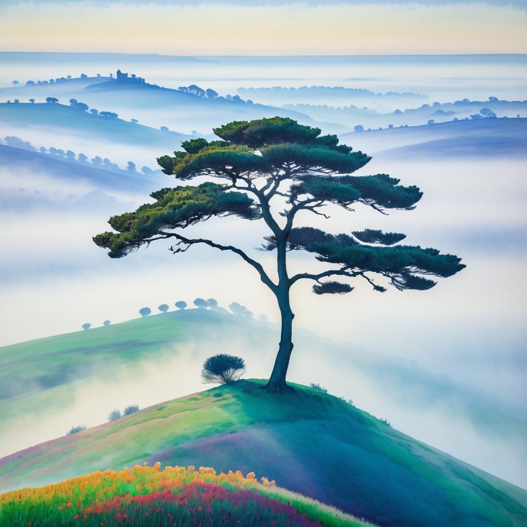 Solitary Tree in Foggy Landscape Design