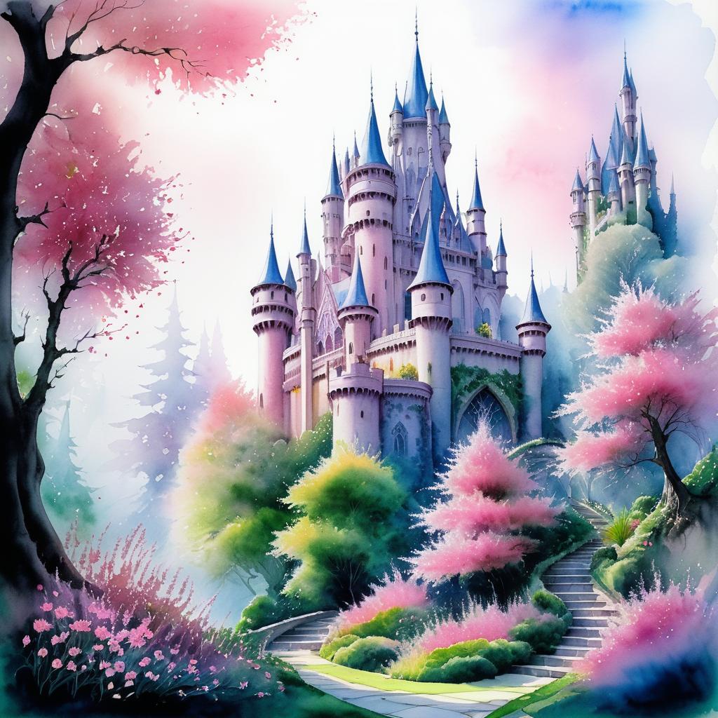 Mystical Castle in Watercolor Fantasy