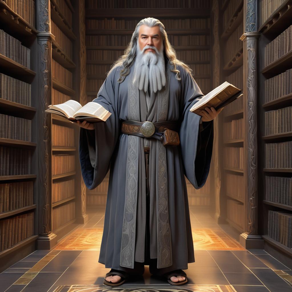 Middle-Aged Wizard in Mystical Library