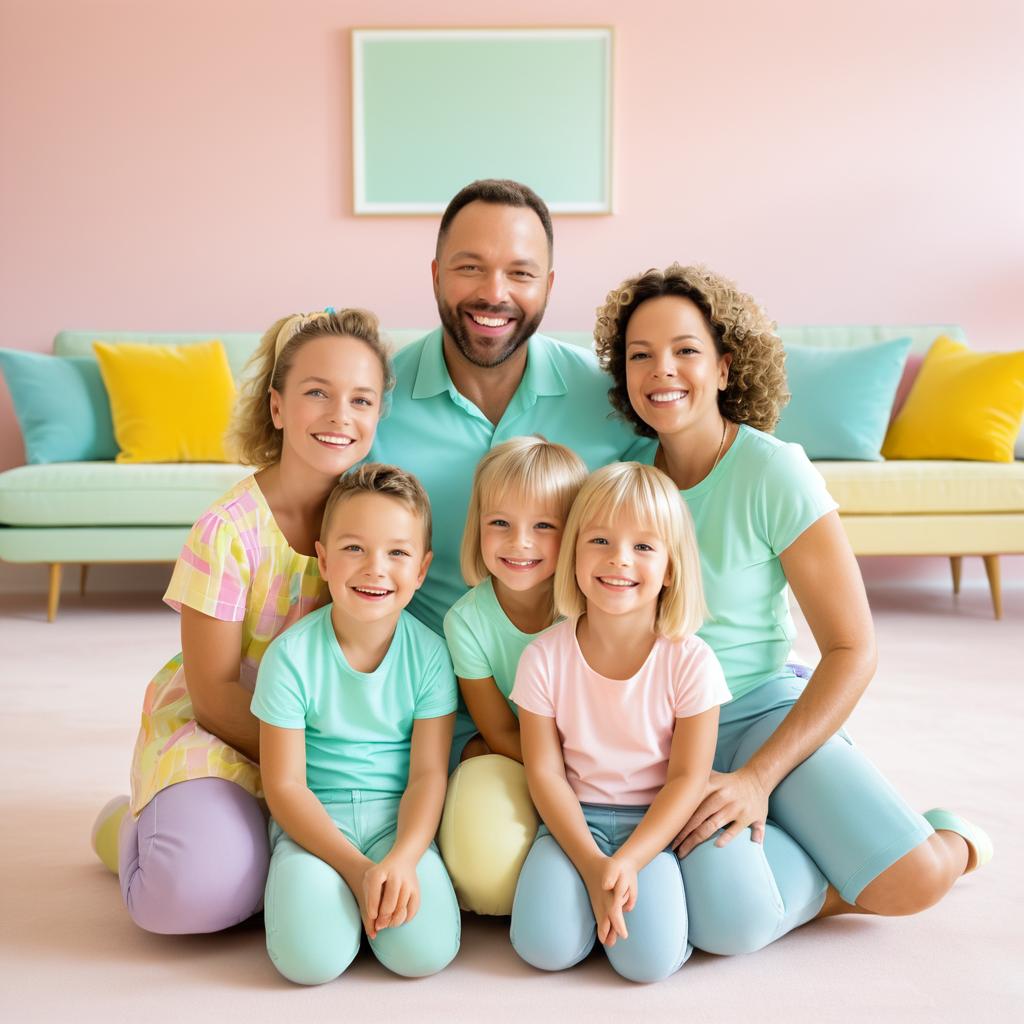 Joyful Family in Bright Pastel Living Room