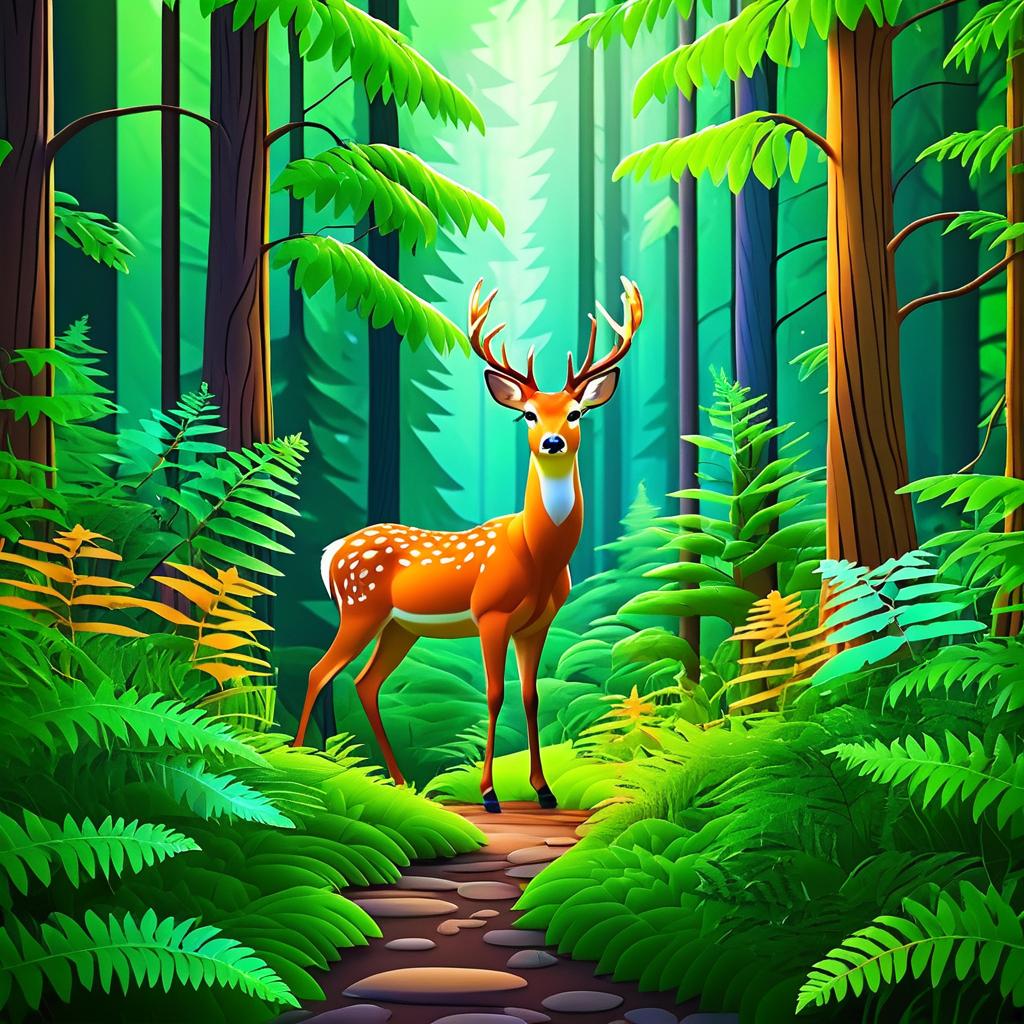 Vibrant Cartoon Forest with Gentle Deer