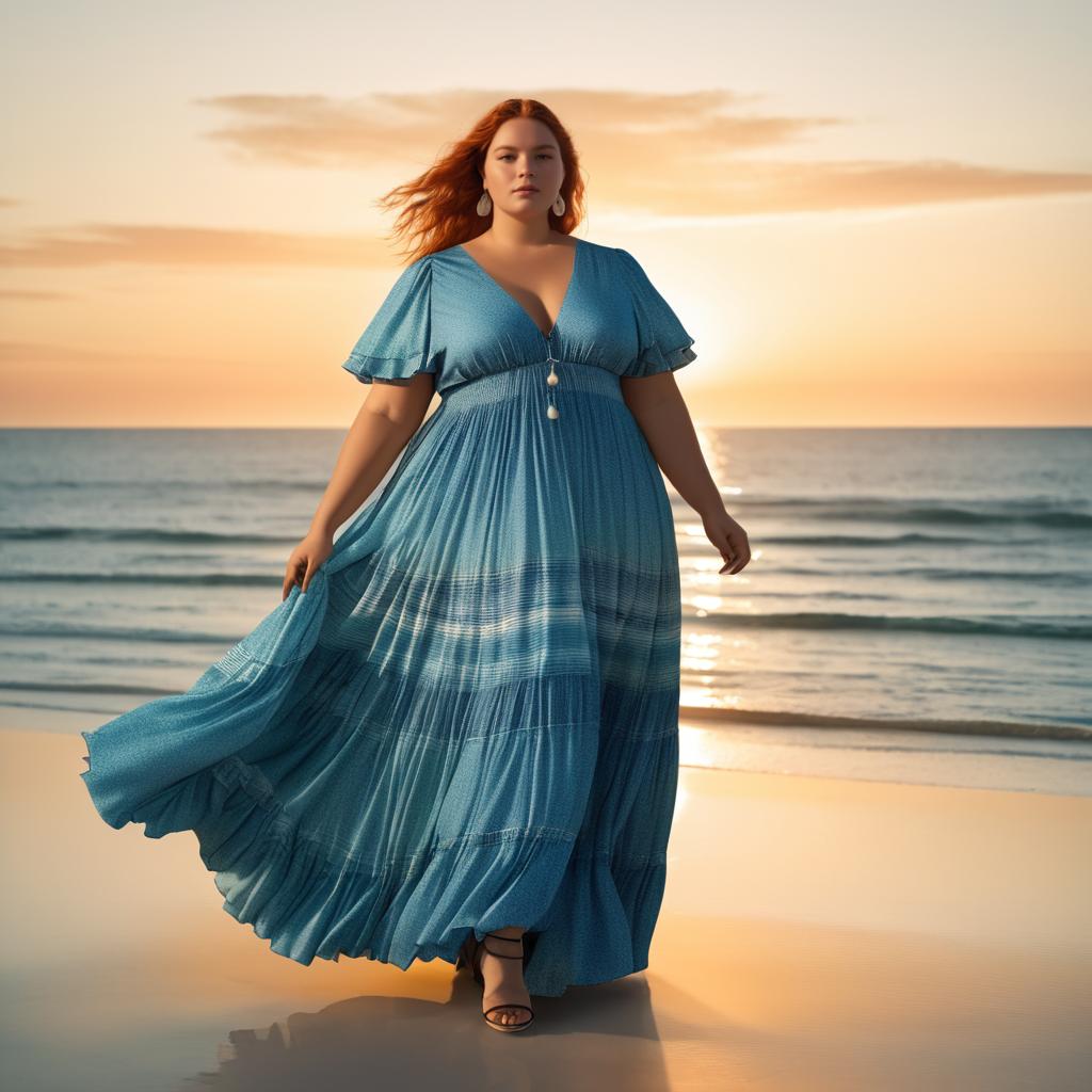 Confident Plus-Size Model at Beach Sunset