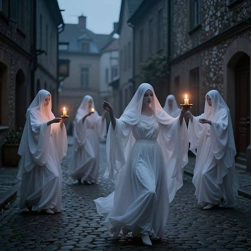 Photograph of six ghostly white-clad women with veils, holding lit torches, walking down a cobblestone medieval alley at twilight.