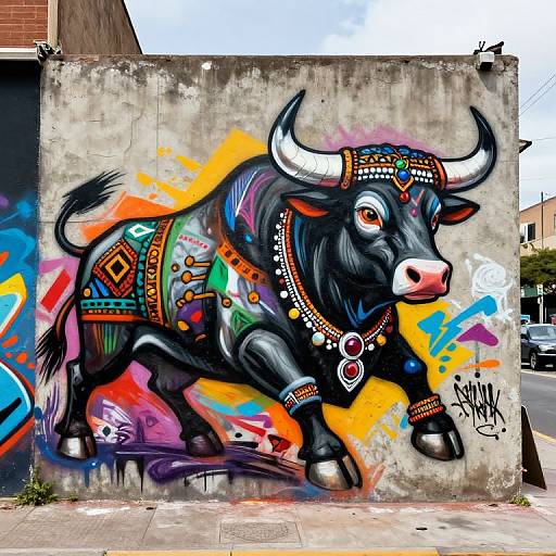 Vibrant street mural of a decorated black bull with colorful patterns, jewelry, and horns, set against a concrete wall.
