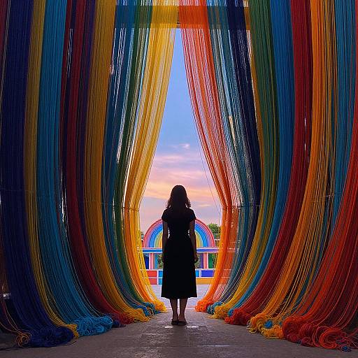 Photograph of a silhouetted person standing between vibrant, colorful yarn curtains, with a rainbow arch and sunset sky visible through the center.